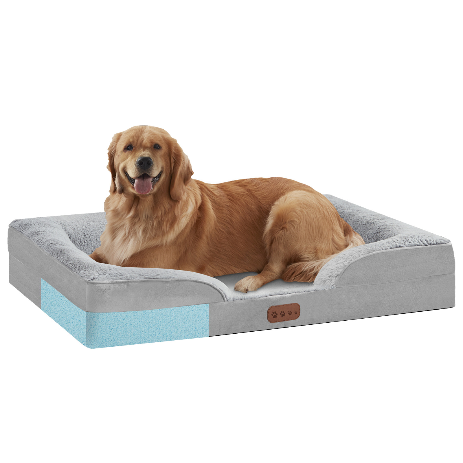 Golden retriever resting on a grey memory foam dog bed