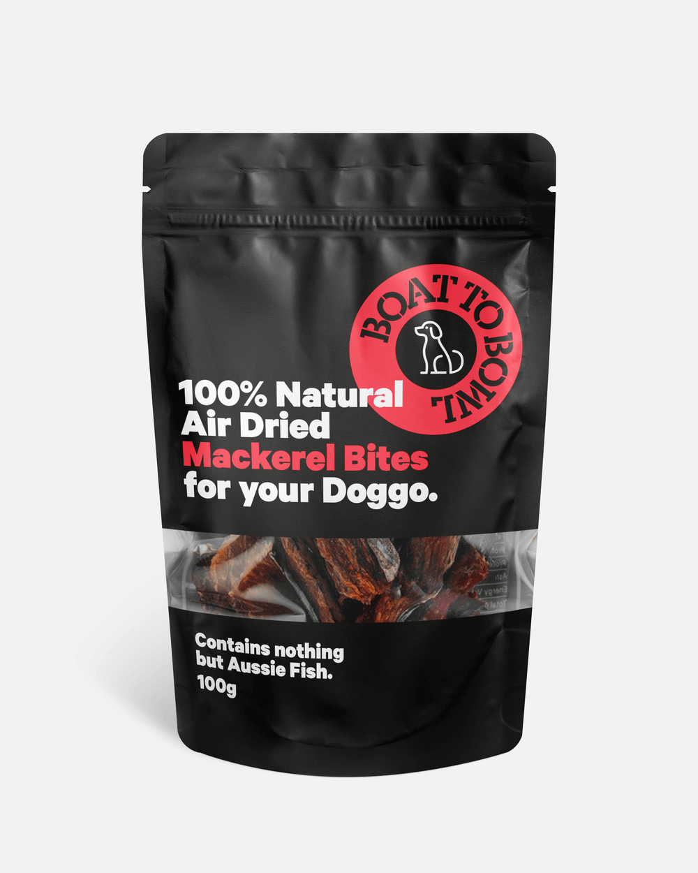 Boat to Bowl Mackerel Bites Dog Treats 100g pouch with red label