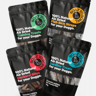 Boat to Bowl dog treat flavour range: Training Treats, Fish Skin Straps, Mackerel Bites and Sardine Treats