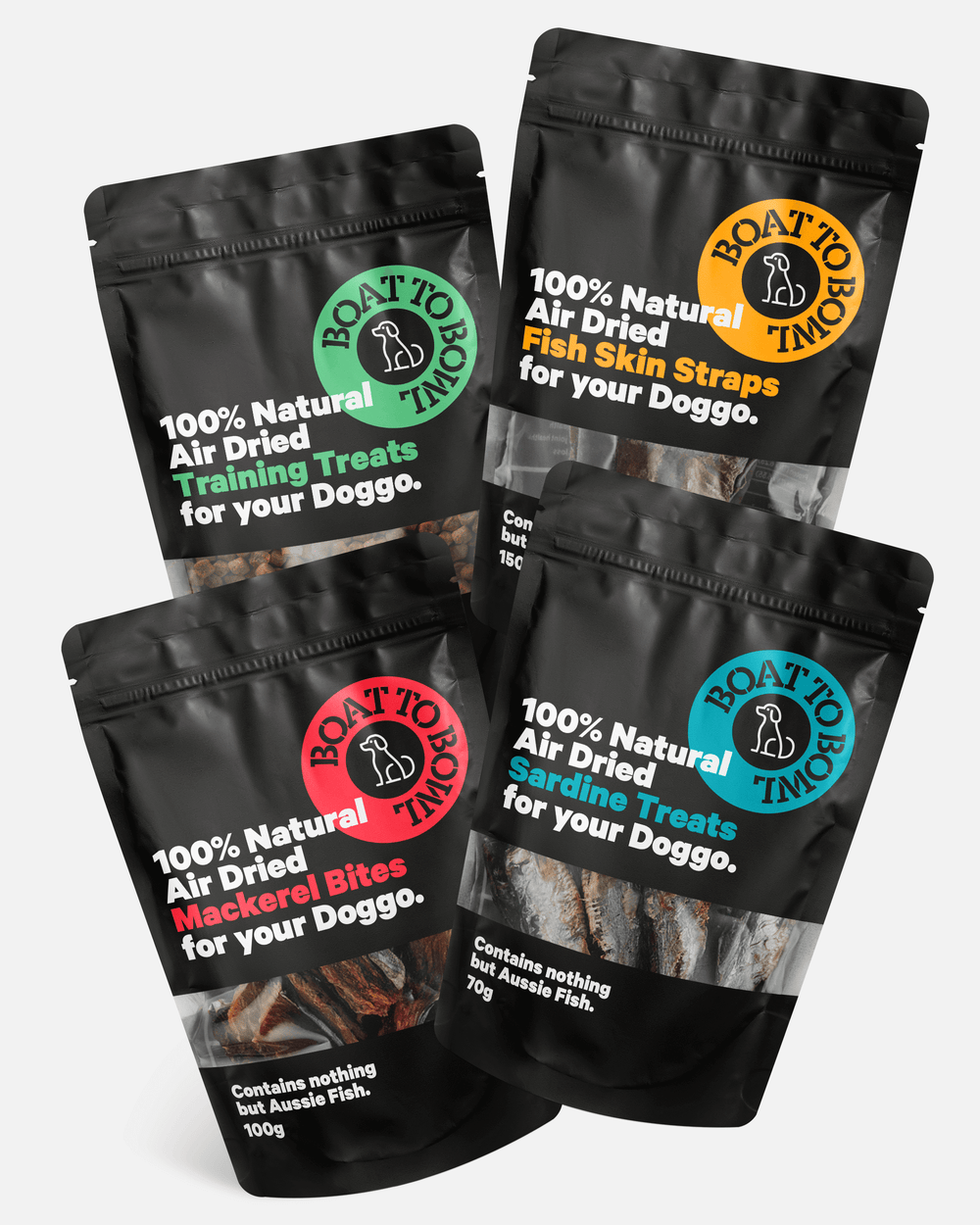 Boat to Bowl dog treat flavour range: Training Treats, Fish Skin Straps, Mackerel Bites and Sardine Treats